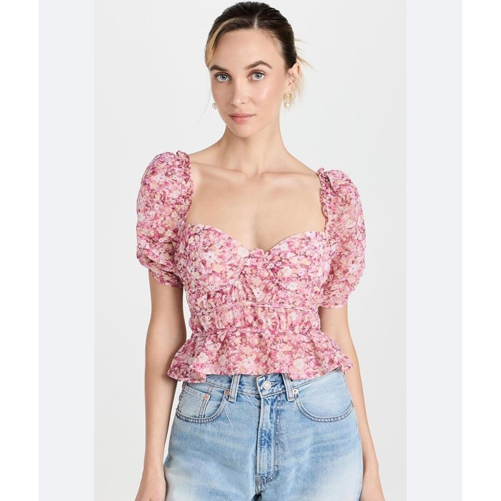 ASTR Nayeli Top Blouse Pink Floral Blouse M Puff Sleeve Peplum Cottagecore